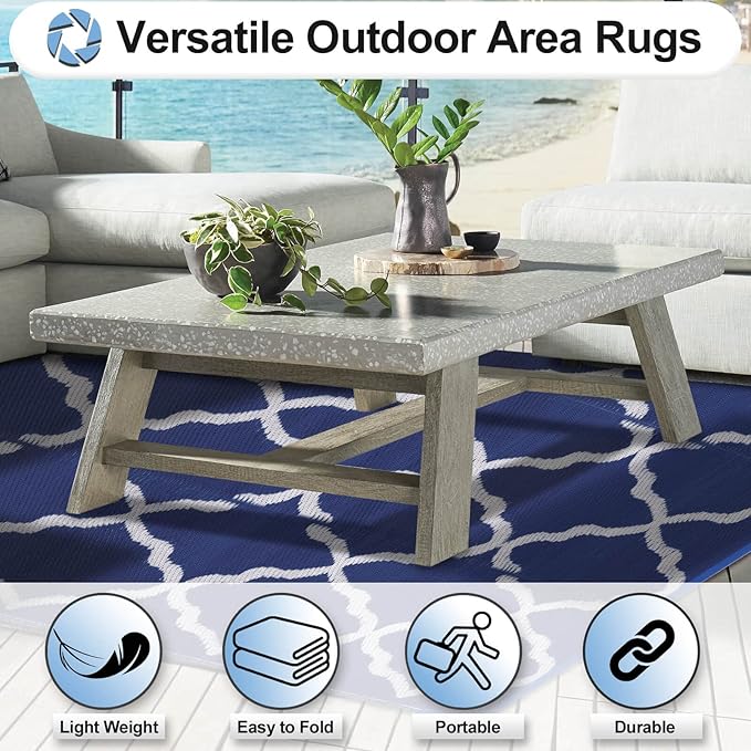 OutdoorLines Outdoor Plastic Area Rugs for Patio 6x9 ft - Reversible Outside Carpet, Stain & UV Resistant RV Mats, Straw Rug for Camping, Deck Garden, Porch and Balcony, Moroccan Navy & Light Grey