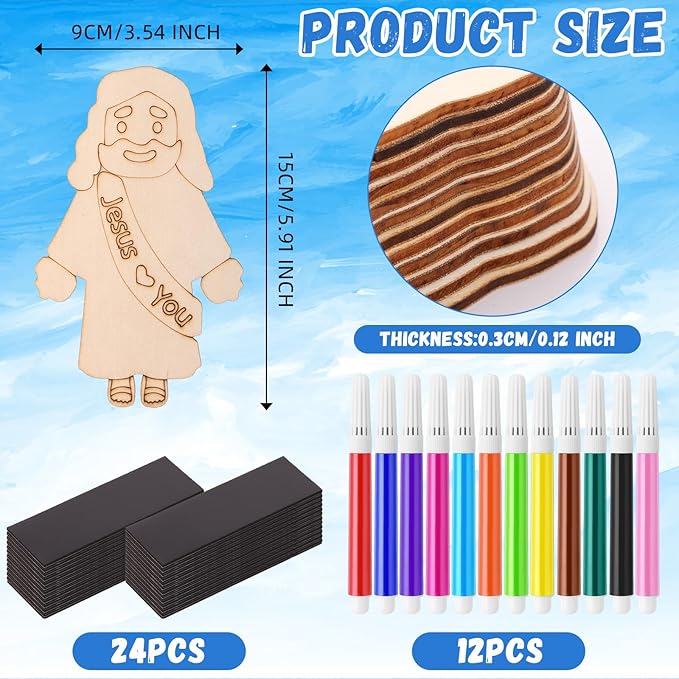 Blueweenly 24 Sets DIY Wood Jesus Figure Crafts Magnet for Kids Sunday School Vacation Bible School Craft Color Your Own Jesus Loves You Magnet with Magnets and Color Pens for Activity Easter