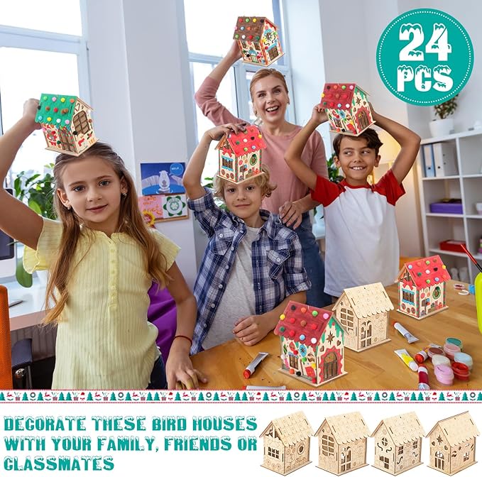 12 Pcs Wood Gingerbread House Craft Kit for Kids DIY Wooden Christmas Birdhouse Craft Kits Holiday Village Houses Make a Gingerbread Wooden House for Xmas Party Game Craft Supplies