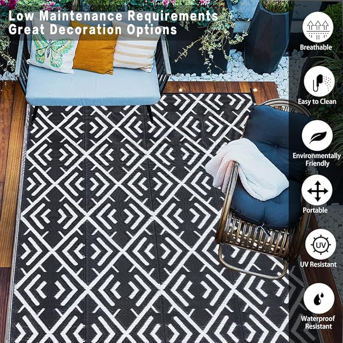 RV Outdoor Rug Waterproof Mat Outdoor Rugs 8'x10' for Patios Clearance Carpet Outdoor Camping Rugs Large Plastic Straw Rug(8x10ft Geometric Black&White)
