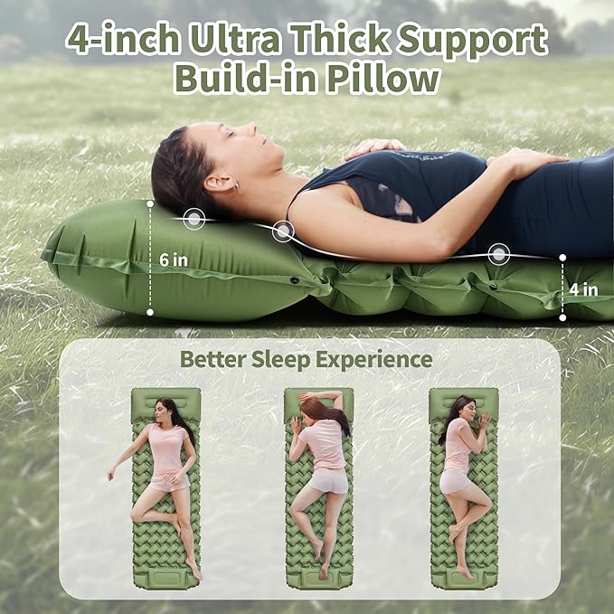 Inflatable Sleeping Pad with Build-in Pump 4-Inch Thick Sleeping Mat Soft Fabric for Comfortable Sleep Ultralight Camping Mattress for Hiking Backpacking Camping Family Trips - Green 1 Pack
