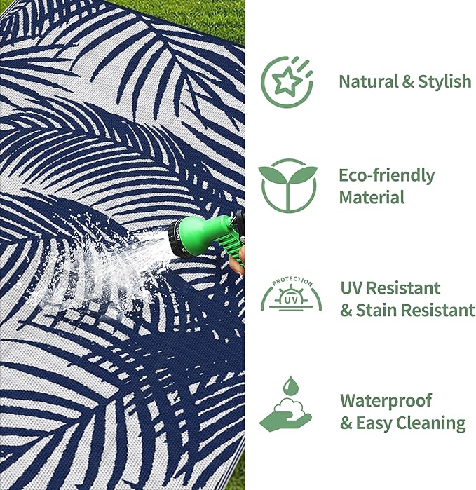 GENIMO Outdoor Rug 9' x 12' Waterproof for Patio Clearance, Reversible Plastic Straw Camping Carpet, Lightweight Mats for Rv, Backyard, Deck, Porch, Picnic, Beach, Balcony, Blue & White