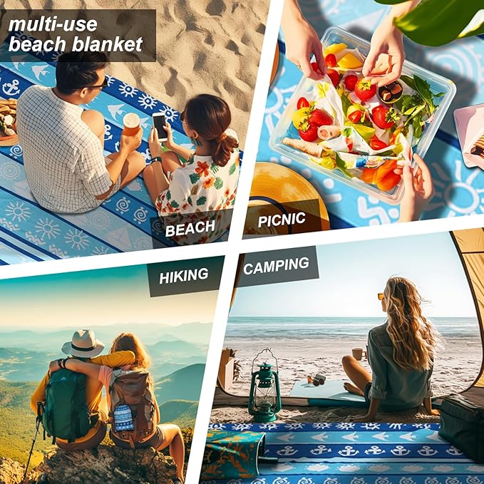 Beach Blanket Waterproof Sandproof, 79" x 83" Extra Large Sand Free Quick Drying Beach Mat, Compact Outdoor Picnic Mat for Travel, Hiking, Camping (Blue Stripes)