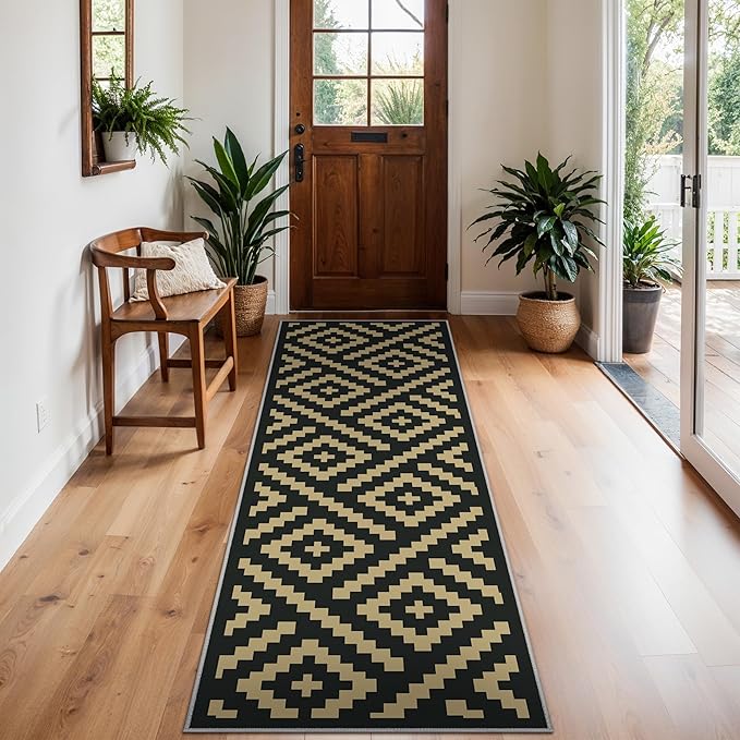 Indoor Outdoor Area Rug 2.5'x8' Waterproof for Patio, Washable Rugs Non Slip, Foldable Outdoor Camping Carpet Mat for RV, Porch, Balcony, Deck, Backyard, Picnic, Black & Brown