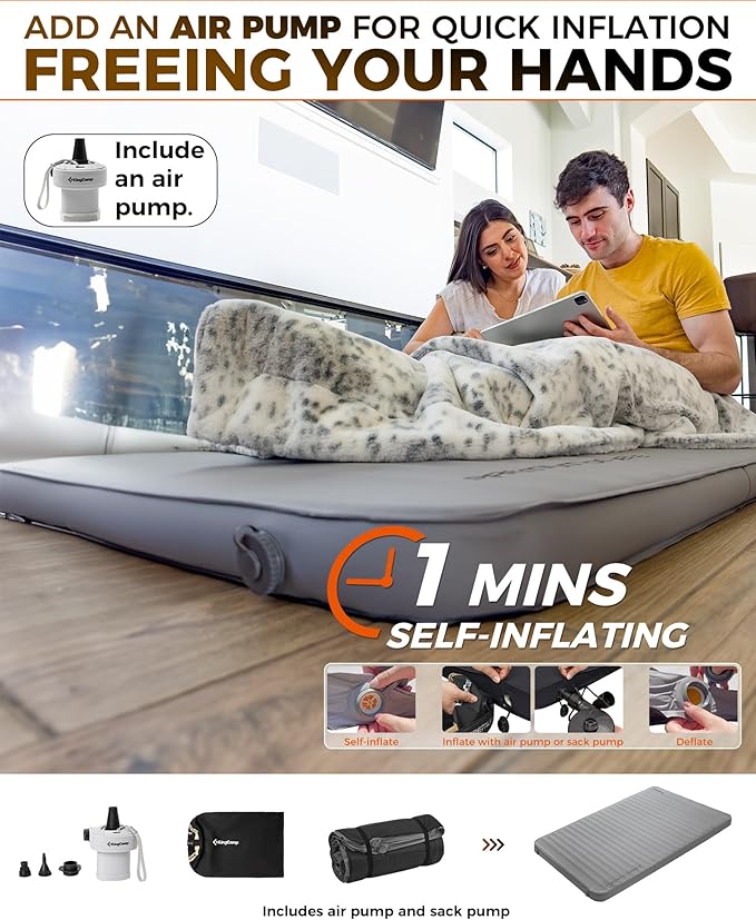 KingCamp Double Sleeping Pad, 2 Person Queen R 7.9 Self Inflating Sleeping Pad, 3" Thick Full Size Foam Mattress Mat with Air Pump for Outdoor Camping Tent Car, PVC Free (Grey)