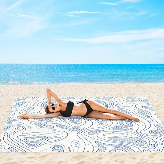 Beach Blanket Sandproof, 78''×86'' Large Waterproof Sand Free Beach Mat for 4 Adults, Big Compact Foldable White Beach Essential with 4 Stakes & 4 Corner Pockets for Picnic, Camping, Travel