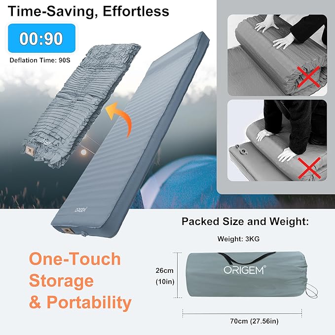 Origem Self Inflating Sleeping Pad, 4" Ultra-Thick Camping Mattress with Built-in Pump, Foam Campinging Mat for Tent, Traveling and Car, Easy to Inflate and Deflate (Grey)