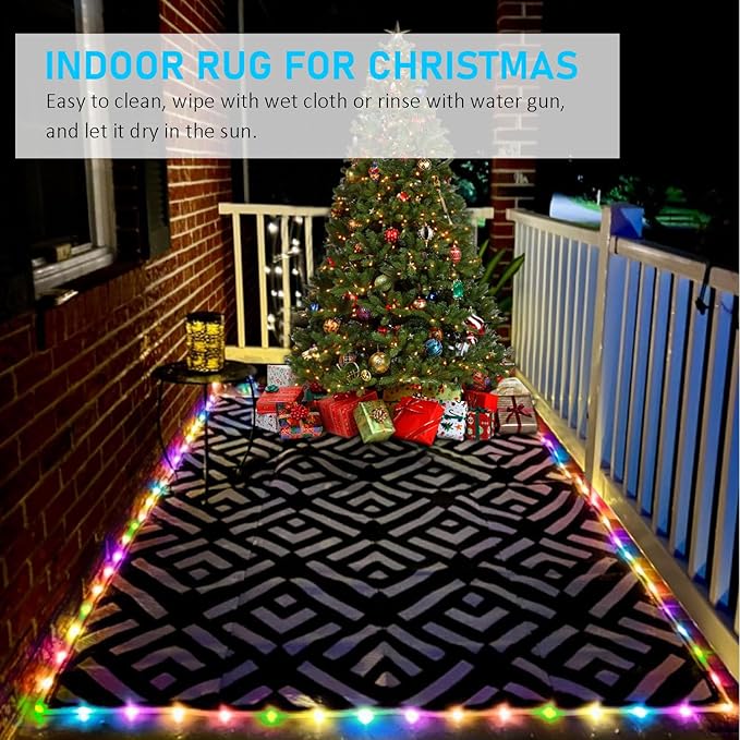 Outdoor Rug 5x8Ft, 16 Colors Plug in 160LEDs Waterproof Outdoor Rug, Waterproof Plastic Reversible Outdoor Straw Rug, Large Area Rug for RV Camping Deck Patio Beach Balcony Backyard Picnic