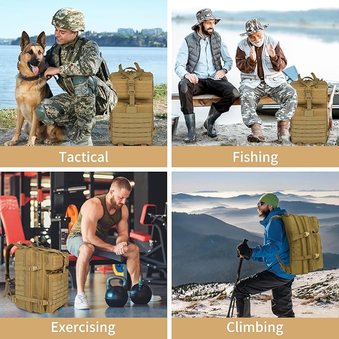 45l Large Fishing Tackle Backpack with Removable Plier Holder & Rod Holders, Khaki Tactical Bag, Fishing Gear and Tackle Box Organizer, Hiking Rucksack without Tackle Box