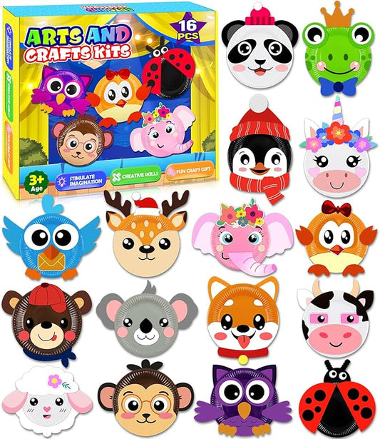 16 Pack Arts and Crafts for Kids, Toddler Crafts Animal Paper Plate Art Kit Gift for 3 4 5 6 Year Old Boys Girls DIY Kids Crafts for Birthday Party Favor Preschool Classroom Party Games