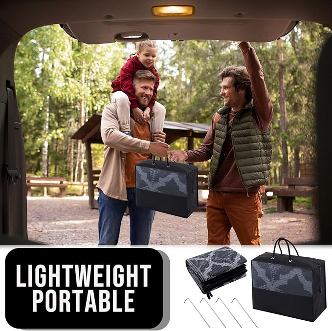 OLANLY Reversible Outdoor Rug 8x10 ft Clearance, Waterproof Outdoor Plastic Straw Rug with Interlacing Pattern, RV Mat for Patio, Camping, Balcony, Deck, Backyard, Black & Grey