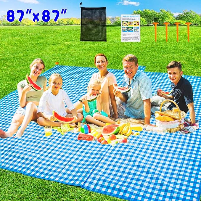 ZHUYNXIR Extra Large Picnic Blanket, 87x87 inch Waterproof Picnic Blanket, Gingham Picnic Mat for Beach, Camping Grass Picnic Blankets.