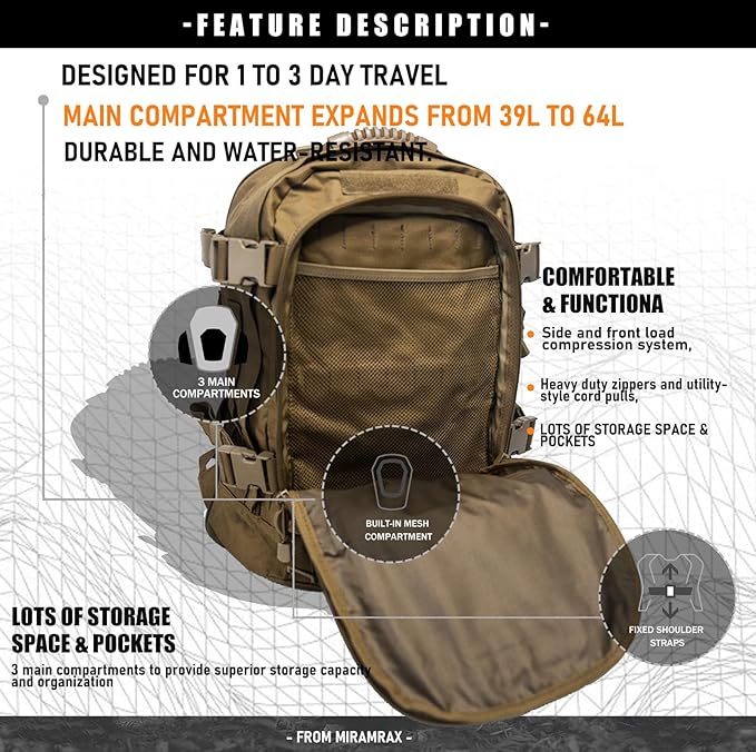 Tactical Backpack Military Army Daypack - Assault Pack for Men Molle Backpacks Bug Out Bag 3 Day Pack for Hiking Camping Travel Hunting Rucksack Trekking Coyote