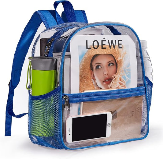 ZJIE Clear Backpack, 12x12x6 Stadium Approved, Transparent See-Through for Concerts, Sports, Work, School, Security (Blue)