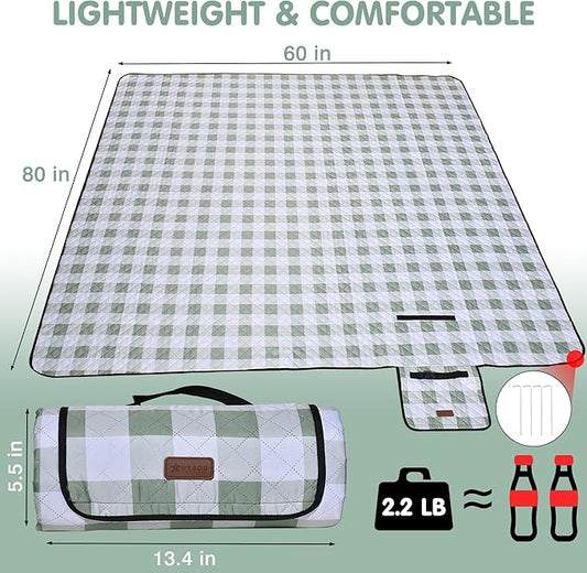 HX&OD Outdoor Picnic Blanket, Extra Large, 80''x60'' Waterproof Foldable Blankets Gingham Picnic Mat for Beach, Camping Grass Lawn Park Accessories Cute Couple Ideas Wedding (Green, 80”x60”)