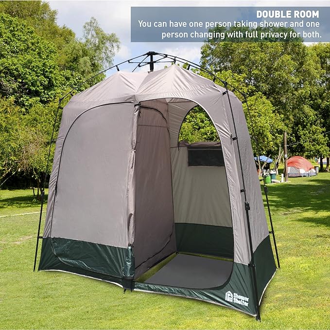 EasyGo Product Shower Shelter – Giant Portable Outdoor Pop UP Camping Shower Tent Enclosure – Changing Room – 2 Rooms – Instant Tent – 7.5' Tall x 4' Deep x 7.5' Wide, Green