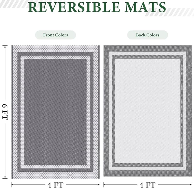 HappyTrends,Outdoor Rug,Patio Rug,Reversible Portable Outdoor Plastic Straw Rug,Camping Rugs for Outside RV,Large Waterproof Area Rugs for Patio,Deck,Picnic,Porch,Balcony(4'x 6',White&Gray)