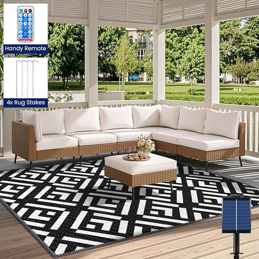 Outdoor Rug 6x9Ft, Solar Powered Outdoor Camping Rug with 93LEDs Strip Lights, Waterproof Plastic Reversible Outdoor Straw Rug, Rug Mat for RV Camping Patio Beach Balcony House Deck Picnic