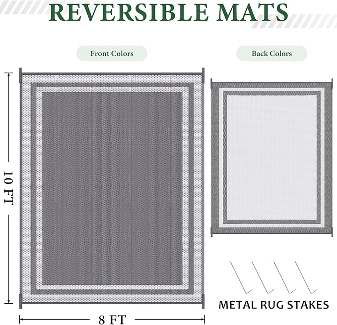 HappyTrends Outdoor Rug Reversible Portable Plastic Straw Camping Rugs for Outside RV,Large Waterproof Outdoor Area Rugs for Patio,Deck,Porch,Balcony(8'x 10',White&Gray)