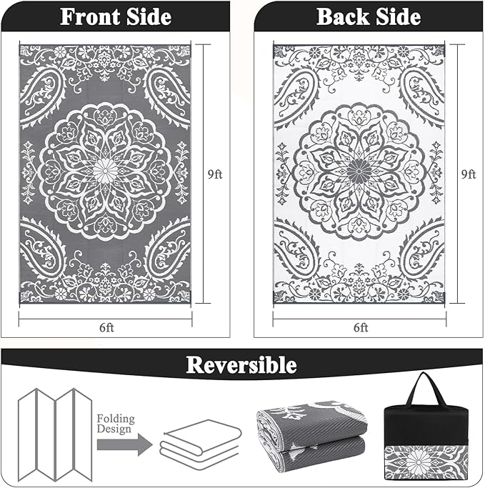 Pauwer Waterproof Outdoor Rug 6x9, Reversible Plastic Straw Patio Camping Rug, Indoor Outdoor RV Mat Carpet for Deck, Camper, Porch, Balcony, Backyard, Picnic, Boho Grey