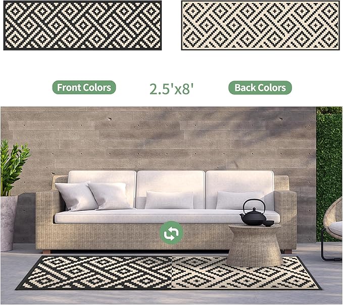 GENIMO Outdoor Rug 2.5'x8' Waterproof, Reversible Camping Mat, Plastic Straw Rugs for Patio, RV, Camper, Balcony, Backyard, Picnic, Deck (Black & Beige)