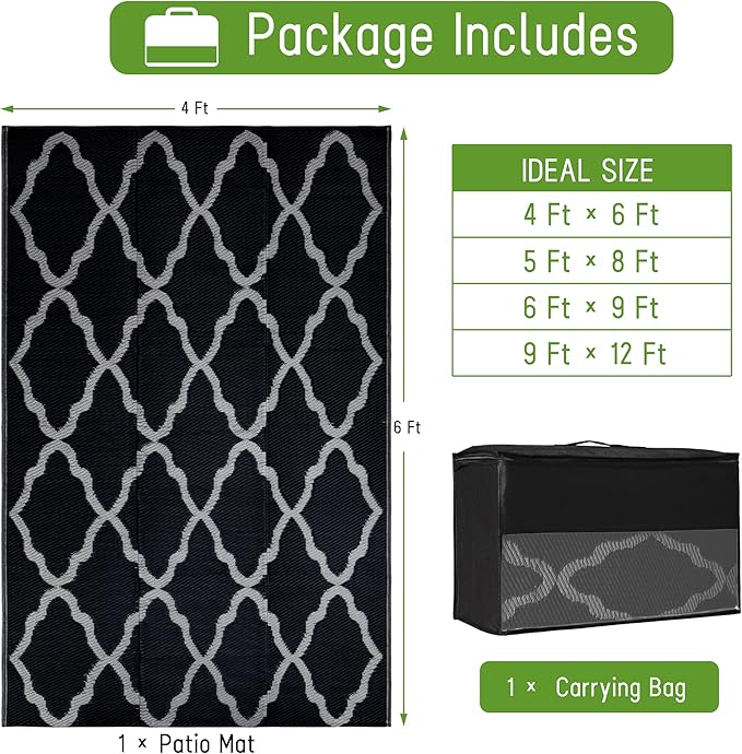 Easy-Going Reversible Outdoor Rugs 4x6ft Waterproof Plastic Straw Rug Stain & UV Resistant Floor Mat for Patio Porch RV Backyard Pool Deck Picnic Beach Trailer Camping (Moroccan Black & Light Grey)