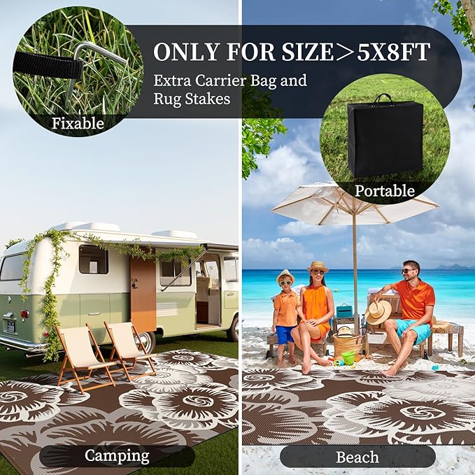 MontVoo Outdoor Rug-Waterproof Patio Rug Mat 5x8 Outdoor Carpet Mat Reversible Plastic Straw Outside Outdoor Rug for RV Camping Picnic Beach Balcony Backyard Pool Deck Farmhouse Floral Beige Brown