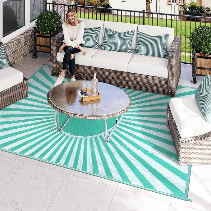 Wonnitar 8x10 Outdoor Rug Waterproof - Large Reversible Patio Rugs, Lightweight Plastic Straw Patios Mat for RV, Portable Outdoor Camping Carpet for Deck Picnic (Blue-Green, 8'x10')