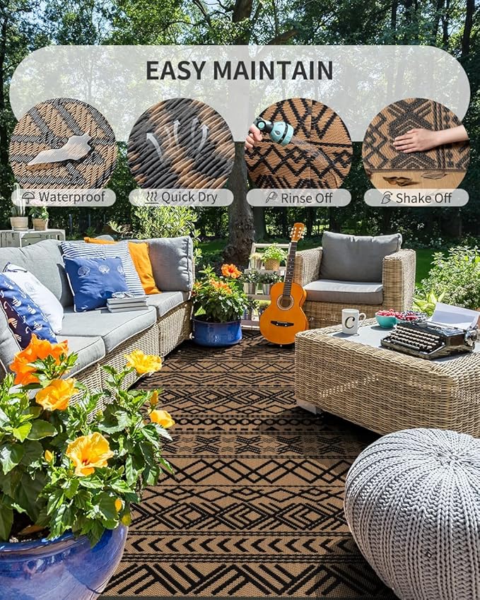 MontVoo Outdoor Rug Carpet Waterproof 9x12 Outdoor Patio Rug Mat Reverisble Plastic Straw Outdoor Rug for RV Camping Picnic Beach Balcony Boho Black Brown Large