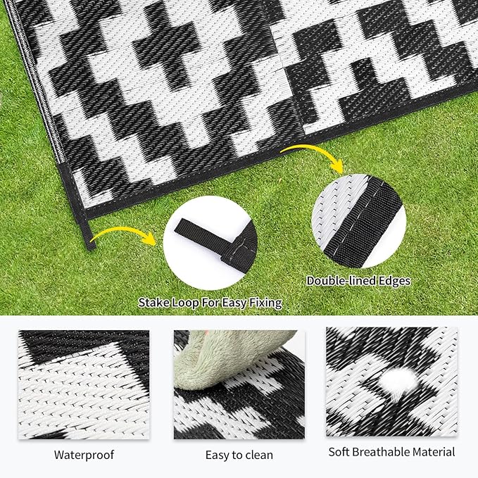 Outdoor Patio Plastic Straw Rug - 4'x6' Outdoor Camping Rug Waterproof Reversible, Area Carpet Patios Clearance RV, Outside Porch Balcony Deck for Camper, Black & White