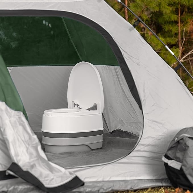 Camco RV Premium Travel Toilet - Features a 5.3-Gallon Detachable Holding Tank, Pump Flush Design & Spring-Loaded Latch (41535)