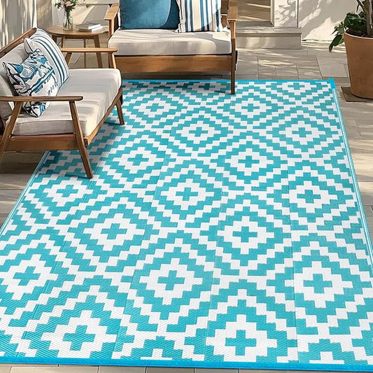 Outdoor Patio Plastic Straw Rug - 6'x9' Outdoor Camping Rug Waterproof Reversible, Area Carpet Patios Clearance RV, Outside Porch Balcony Deck for Camper, Blue & White