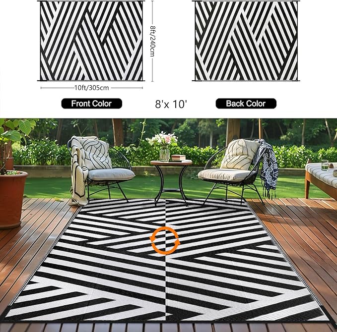 Outdoor Patio Plastic Straw Rug - 8'x10' Outdoor Camping Rug Waterproof Reversible, Area Carpet Patios Clearance RV, Outside Porch Balcony Deck for Camper, White & Black