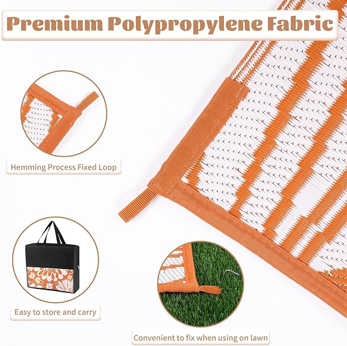 Ileading Outdoor Plastic Straw Rug 9x12ft Funny Floral Style Reversible Patio Area Rugs Waterproof Non Shedding Portable Carpets Large RV Rugs for Outside Deck Pool Beach Picnic Camping (Orange)