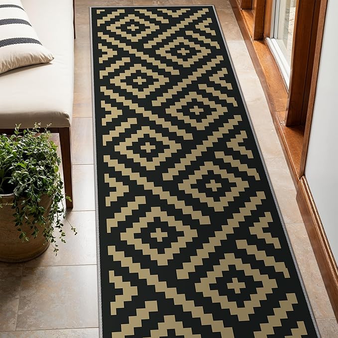 Indoor Outdoor Area Rug 2.5'x8' Waterproof for Patio, Washable Rugs Non Slip, Foldable Outdoor Camping Carpet Mat for RV, Porch, Balcony, Deck, Backyard, Picnic, Black & Brown