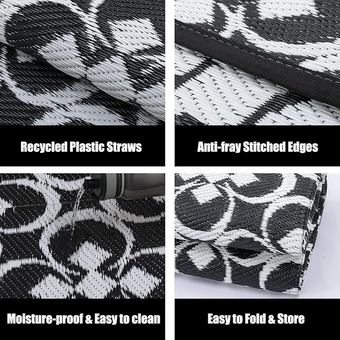 RV Outdoor Rug Waterproof Mat Outdoor Rugs 9'x12' for Patios Clearance Carpet Outdoor Camping Rugs Large Plastic Straw Rug(9x12ft Clover Black&White)