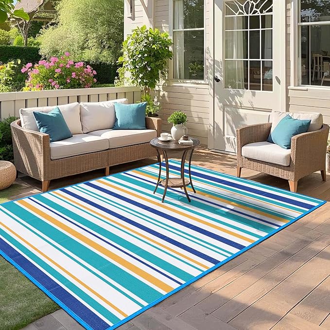 Outdoor Patio Plastic Rug Waterproof - Outdoor Rugs for Camper Outside, Rv, Porch Deck Clearance, Area Carpet for Outside, Balcony, Patio Decor, Blue & Yellow, 4x6 ft
