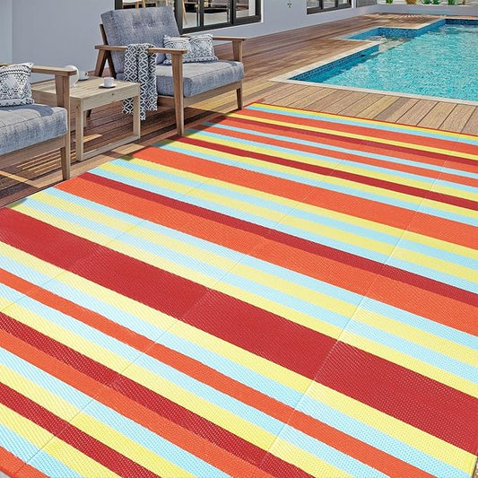 Outdoor Waterproof Rug 5'x8' Plastic Straw Rugs Washable Reversible Floor Mat Rainbow Stripe Carpet for Camping RV Deck Entryance Porch Picnic Balcony Beach Backyard