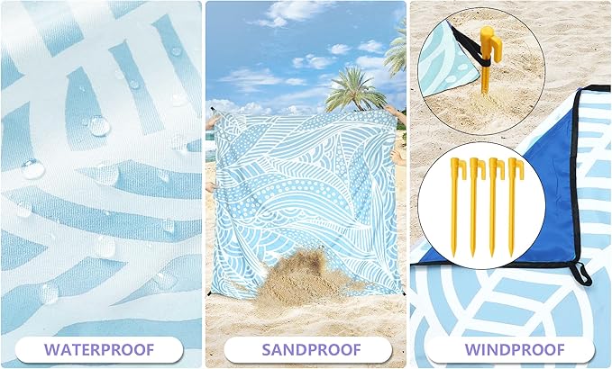 Beach Blanket Waterproof Sandproof Beach Mat 79" X 83" /10'x9'for 2-8 Adults Quick Drying Outdoor Picnic Mat Beach Accessories for Travel, Camping, Hiking