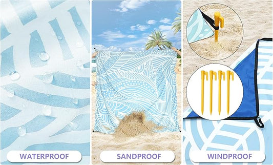 Beach Blanket Waterproof Sandproof Beach Mat 79" X 83" /10'x9'for 2-8 Adults Quick Drying Outdoor Picnic Mat Beach Accessories for Travel, Camping, Hiking