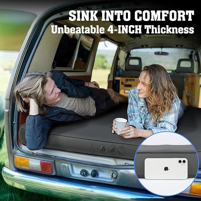 Hikenture Extra Thick Double Self Inflating Sleeping Pad, 9.5 R Camping Mattress 2 Person, Inflatable Foam Camping Pad with Pump Sack, Portable 4 in Thickness Comfort Plus Camping Mat for 4-Season