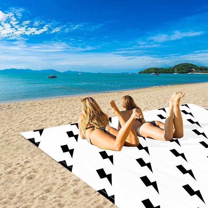 Beach Blanket Sandproof Waterproof, 110"×118" Extra Large Beach Mat, Portable Sand Free Picnic Blanket Oversized with 4 Stakes & Pockets for Travel, Outdoor Essentials, Black Lightning Simple Design