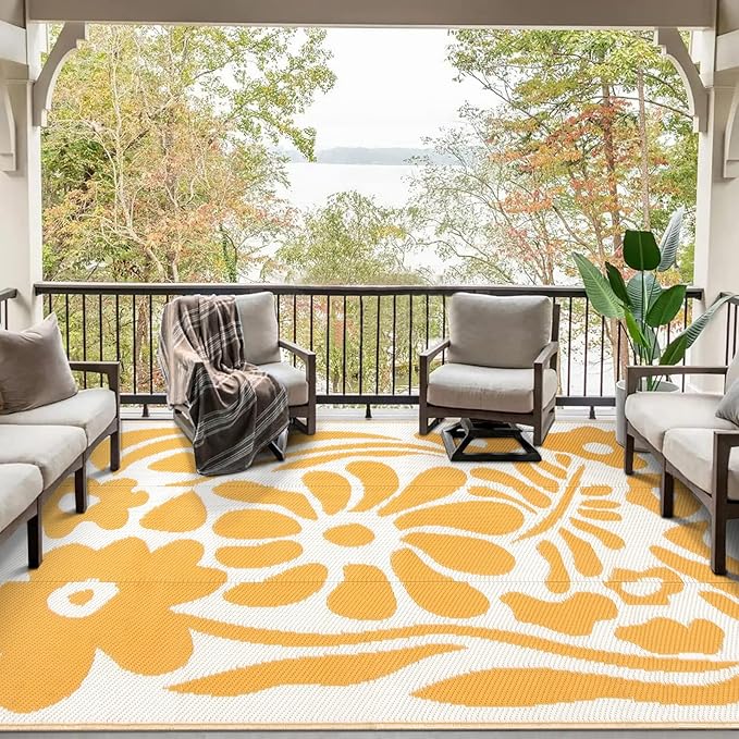 Wonnitar Outdoor Rugs 8x10,Waterproof Large Plastic Outdoor Patio Rug Clearance,Reversible Outside Portable Camping Mat,Abstract Floral Lightweight Carpet for Balcony Beach RV Camper (Orange, 8'x10')