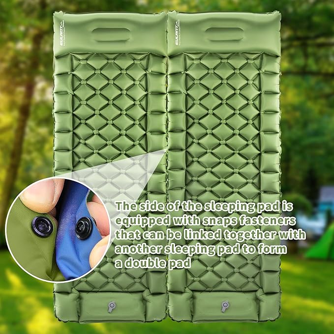 Single Sleeping Pad for Camping, Ultralight Inflatable Sleeping Mat with Pillow and Built-in Foot Pump, Portable Camping Mattress for Tent, Backpacking, Hiking, Traveling (Single,Green)