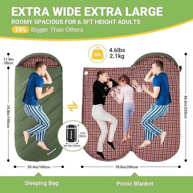 KingCamp Sleeping Bag for Adults, Cold Weather & Warm Extra Wide Big & Tall XL Portable Waterproof Flannel Sleeping Bags, Essentials Gear Accessories for Camping Backpacking Hiking Indoor & Outdoor