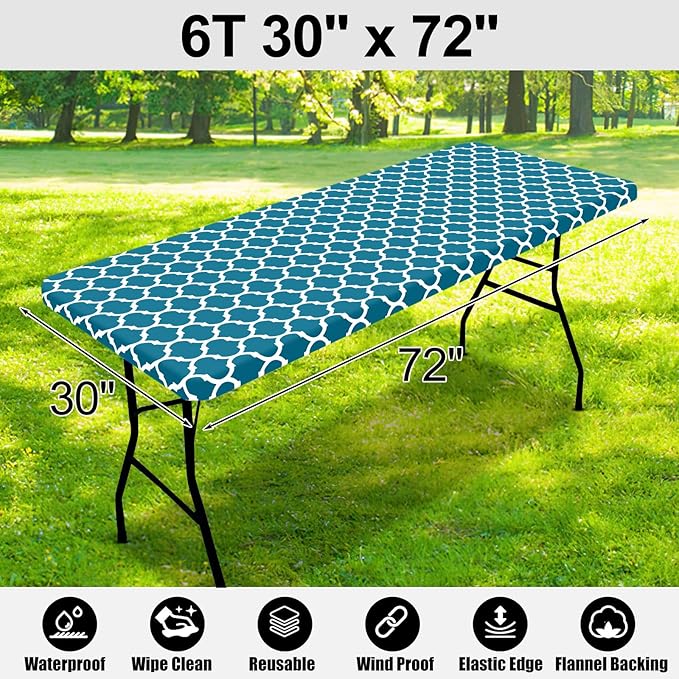 Smiry Rectangle Picnic Table Cover, Waterproof Elastic Fitted Camping Tablecloths for 6 Foot Tables, Wipeable Flannel Backed Vinyl Tablecloth Protector for Indoor, Outdoor (Turquoise, 30x72 Inches)