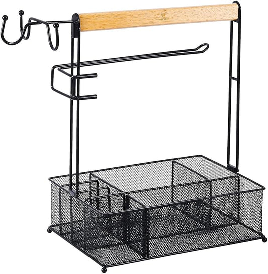 Grill Caddy, Picnic BBQ Organizer for Camping Outdoor Mesh Basket with 3 Hanging Hooks and Paper Towel Holder, Ideal Table Storage Tools for RV Camper/Tailgating/Flatware