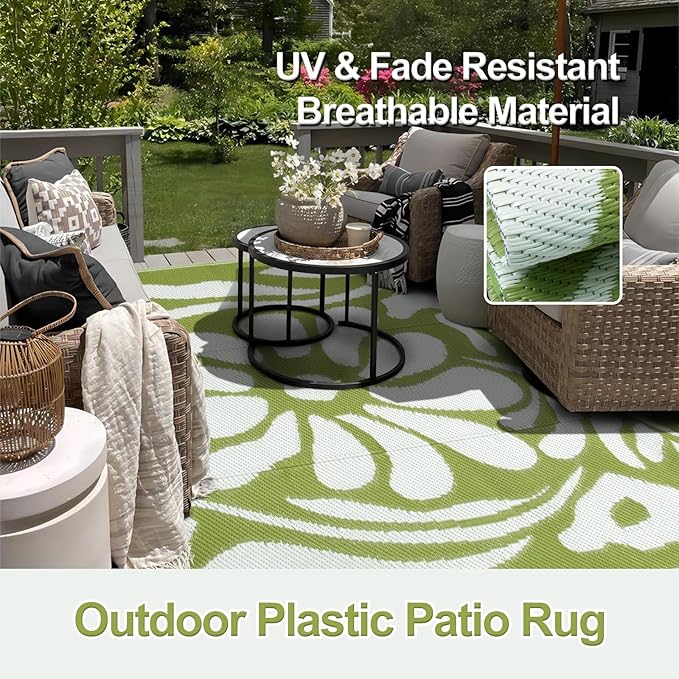 Wonnitar Outdoor Rug 8x10,Waterproof Outdoor Rugs for Patios Clearance,Reversible Outside Plastic Straw Carpet,Large Green Abstract Plant Lightweight Mat for Balcony Deck RV (Green Flower, 8'x10')