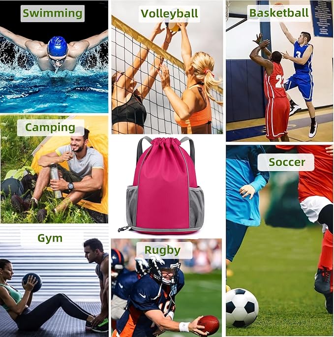 BLIRITEL Drawstring Backpack Sports Gym Bag, Multifunctional Soccer Backpack, Waterproof Soccer Bag for Men Women, String Basketball Bag Football Volleyball Backpack with Shoes Compartment (Rose)