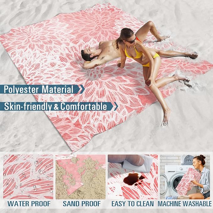 Beach Blanket Sandproof Waterproof 78''×81''1-5 Adults Oversized,Compact Lightweight Durable Beach Mat for Travel Camping Hiking Picnic Blanket